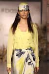 Shop_Basanti - Kapde Aur Koffee_Yellow Crepe Brooches Round Neck, Collared Brass Work Skirt Set _at_Aza_Fashions