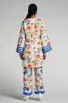 Shop_Taroob_White Linen V-neck Floral Print Kurta Set _at_Aza_Fashions