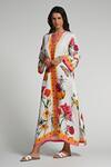 Shop_Taroob_Multi Color Linen Embroidery V-neck Fleur De Rove Kaftan _Online_at_Aza_Fashions