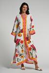 Buy_Taroob_Multi Color Linen Embroidery V-neck Fleur De Rove Kaftan _at_Aza_Fashions