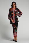 Shop_Taroob_Black Crepe Embroidery Split V-neck Bageecha Floral Tunic Set _Online_at_Aza_Fashions