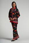 Taroob_Black Linen Embroidery Collared Bageecha Co-ord Set _Online_at_Aza_Fashions