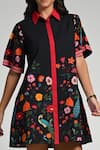 Taroob_Black Cotton, Poplin Embroidery Collared Bageecha Dress _at_Aza_Fashions