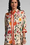 Taroob_Multi Color Silk, Modal, Satin Embroidery Collared Bageecha Shirt _at_Aza_Fashions