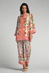 Buy_Taroob_Multi Color Silk, Linen, Modal Embroidery Mandarin Floral Utopia Tunic Set _Online_at_Aza_Fashions