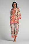 Shop_Taroob_Multi Color Silk, Linen, Modal Embroidery Mandarin Floral Utopia Tunic Set _Online_at_Aza_Fashions