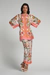 Taroob_Multi Color Silk, Linen, Modal Embroidery Mandarin Floral Utopia Tunic Set _at_Aza_Fashions