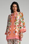 Shop_Taroob_Multi Color Silk, Linen, Modal Embroidery Mandarin Floral Utopia Tunic Set 