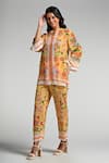Taroob_Yellow Crepe Embroidery Split V-neck Floral Utopia Tunic Set _at_Aza_Fashions