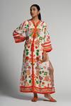 Taroob_Multi Color Linen Embroidery V-neck Floral Utopia Kaftan _at_Aza_Fashions