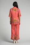 Shop_Taroob_Pink Linen Embroidery Collared Monkey Pop Coord Set _at_Aza_Fashions