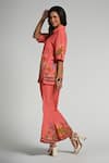 Shop_Taroob_Pink Linen Embroidery Collared Monkey Pop Coord Set _Online_at_Aza_Fashions