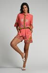 Buy_Taroob_Pink Linen Embroidery Collared Monkey Pop Shirt And Shorts Set _Online_at_Aza_Fashions