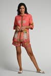 Taroob_Pink Linen Embroidery Collared Monkey Pop Shirt And Shorts Set _at_Aza_Fashions