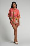Buy_Taroob_Pink Linen Embroidery Collared Monkey Pop Shirt And Shorts Set 