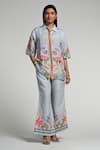 Buy_Taroob_Sky Blue Linen Embroidery Collared Monkey Pop Coord Set _at_Aza_Fashions