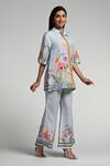 Taroob_Sky Blue Linen Embroidery Collared Monkey Pop Coord Set _at_Aza_Fashions