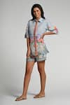 Buy_Taroob_Sky Blue Linen Embroidery Collared Monkey Pop Shirt And Shorts Set _Online_at_Aza_Fashions