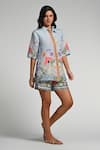 Taroob_Sky Blue Linen Embroidery Collared Monkey Pop Shirt And Shorts Set _at_Aza_Fashions