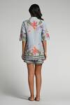 Shop_Taroob_Sky Blue Linen Embroidery Collared Monkey Pop Shirt And Shorts Set _at_Aza_Fashions