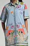 Taroob_Sky Blue Cotton, Poplin Collared Monkey Pop Dress _at_Aza_Fashions