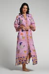 Shop_Taroob_Purple Linen Embroidery Collared Monkey Pop Kaftan _Online_at_Aza_Fashions