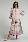 Buy_Taroob_Multi Color Linen Embroidery Split V-neck Monkey Pop Kaftan _at_Aza_Fashions