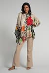 Taroob_Beige Silk, Modal, Satin Round Neck Jungle Rhapsody Kaftan _Online_at_Aza_Fashions