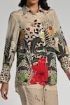 Taroob_Beige Crepe Collared Jungle Rhapsody Co-ord Set _at_Aza_Fashions