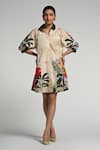 Taroob_Beige Cotton, Poplin Collared Jungle Rhapsody Dress _at_Aza_Fashions