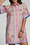 Taroob_Pink Cotton, Poplin Embroidery Collared Jungle Daydream Short Dress _at_Aza_Fashions