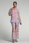 Taroob_Pink Linen Embroidery Collared Jungle Daydream Co-ord Set _Online_at_Aza_Fashions