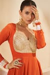 Muskann Kapadiaa_Orange Crepe, Silk Gota Patti Scoop Neck Designer Anarkali Set _Online_at_Aza_Fashions