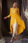 Shop_Muskann Kapadiaa_Yellow Crepe, Silk Gota Patti Round Neck Designer Kurta And Dhoti Pant Set _at_Aza_Fashions