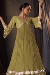 Shop_Muskann Kapadiaa_Olive Green Chinon, Satin, Chiffon Gota Patti V-neck Anarkali Set _at_Aza_Fashions