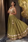 Shop_Muskann Kapadiaa_Olive Green Chiffon, Silk, Chinon Gota Patti, Sequins V-neck Lehenga Set _at_Aza_Fashions