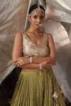 Buy_Muskann Kapadiaa_Olive Green Chiffon, Silk, Chinon Gota Patti, Sequins V-neck Lehenga Set _Online_at_Aza_Fashions