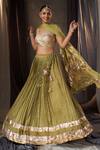 Buy_Muskann Kapadiaa_Olive Green Chiffon, Silk, Chinon Gota Patti, Sequins V-neck Lehenga Set _at_Aza_Fashions