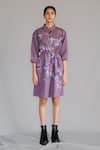 Buy_Anurag Gupta_Purple Crepe Collared Mauve Map Short Dress _at_Aza_Fashions