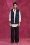 Buy_Jatin Malik_Navy Cotton, Linen, Crepe Midnight Blue Ripple Set _at_Aza_Fashions