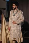 Shop_Jatin Malik_Gray Linen, Silk Beads, Embroidery Gold Lace Sherwani Set _at_Aza_Fashions
