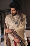 Jatin Malik_Gray Linen, Silk Beads, Embroidery Gold Lace Sherwani Set _Online_at_Aza_Fashions