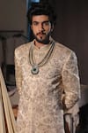 Shop_Jatin Malik_Gray Linen, Silk Beads, Embroidery Gold Lace Sherwani Set _Online_at_Aza_Fashions
