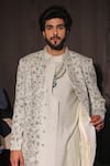 Jatin Malik_Blue Linen, Silk Embroidery Floral Print Sherwani Set _Online_at_Aza_Fashions