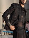 Shop_Jatin Malik_Black Linen, Silk, Crepe Embroidery Dahlia Designer Set _at_Aza_Fashions