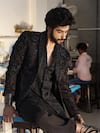 Buy_Jatin Malik_Black Linen, Silk, Crepe Embroidery Dahlia Designer Set _at_Aza_Fashions