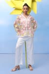 Buy_COUCHÉ BY ANANDINI_Pink Silk Organza Fabric Flowers Collared Three-tone Bloom Shirt _at_Aza_Fashions