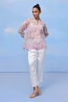 Buy_COUCHÉ BY ANANDINI_Purple Silk Organza V-neck Floral Top _at_Aza_Fashions
