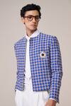 S&N By Shantnu Nikhil_Blue Rayon, Twill Brooches Houndstooth Print Racer Jacket _Online_at_Aza_Fashions