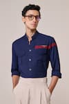S&N By Shantnu Nikhil_Blue Viscose Embroidery Navy Slim Fit Shirt With Faux Leather Details _Online_at_Aza_Fashions